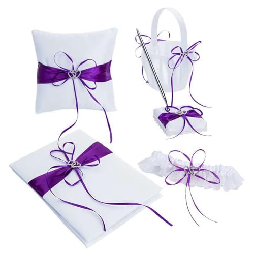 5-teiliges Hochzeits-Zubehör, Satin-Blumenmädchenkorb + Ringträgerkissen + Gästebuch + Stifthalter + Brautstrumpfband (Dunkelviolett) von Bascabeen