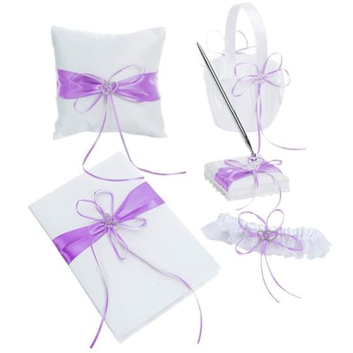 5-teiliges Hochzeits-Zubehör, Satin-Blumenmädchenkorb + Ringträgerkissen + Gästebuch + Stifthalter + Brautstrumpfband (Hellviolett) von Bascabeen