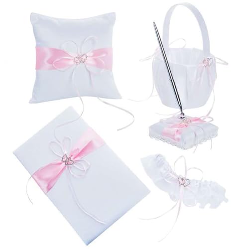 5-teiliges Hochzeits-Zubehör, Satin-Blumenmädchenkorb + Ringträgerkissen + Gästebuch + Stifthalter + Brautstrumpfband (Rosa) von Bascabeen