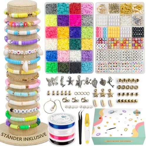 Baseola perlen für armbänder, Tonperlen mit Ständer 7200 Stück perlen set 24 farben armbänder selber machen, heishi perlen, 14 set A-Z buchstabenperlen von Baseola