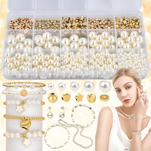 720 Stück Weiße Kunstperlen, Perlen Set, Weiße Perlen zum Auffädeln, Bastelperlen und Gold Abstandsperlen mit Aufbewahrungsbox, 4/6/8/10/12mm Lose Perlen für Halsketten, Armbänder von Basetousual