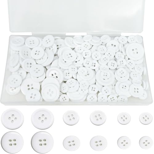 Basicon 200er-Pack Knöpfe aus Harz in mehreren Größen | Weiße runde 4-Loch-Nähknöpfe für DIY-Handwerk, Bekleidungsherstellung und Ornamentdekoration (10 mm/0,4" 15 mm/0,6" 20 mm/0,8") von Basicon