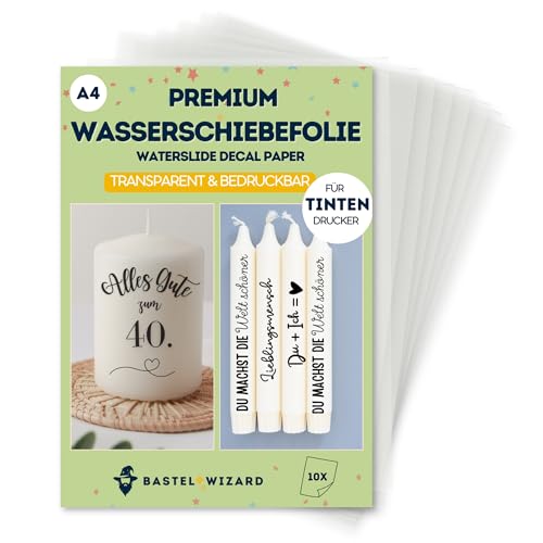 BastelWizard Premium Wasserschiebefolie Transparent – 10 Blatt A4 – Für Tintenstrahldrucker – Perfekt für Kerzentattoos & DIY – Inkjet Folie für Kerzen, Glas, Holz & mehr von BastelWizard
