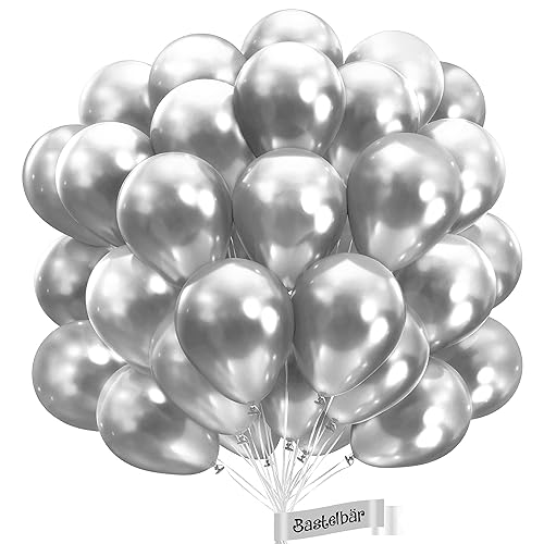 BIO Luftballons Silber [25 Stück] Glänzend/Chrome • Ø38cm XXL • MADE IN EU • Premium Bio Ballons Silber • 100% Naturlatex • zertifiziert Klimaneutral • Silber Luftballon - Luftballons Geburtstag von Bastelbär