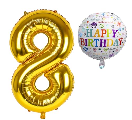 Luftballon 8. Geburtstag • XXL Riesen Folienballon SET • 101cm + 45 cm Ballon + 5M Deko Band • Folienballon 8 • Helium geeignet • Wiederverwendbar • Geburtstagsdeko Jungen Mädchen Ballon Zahl Ballon 8 von Bastelbär