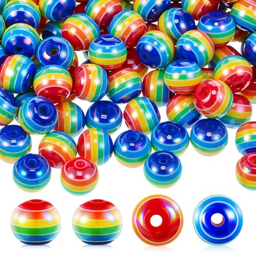 Batiyeer 400 Stück 8 mm Regenbogen-gestreifte Harzperlen Gay Pride LGBTQ rund Candy Stripe Bubble Gum Perlen Bulk für DIY Armbänder Halsketten Schmuckherstellung (Beschichtung AB) von Batiyeer