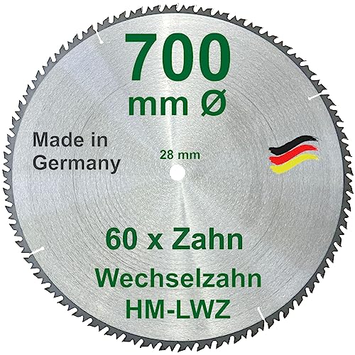 HM-Kreissägeblatt – 60 ZÄHNE - Ø 700 x 28 mm LWZ Wechsel-Zahn Hartmetall WZ Präzisions-Sägeblatt mit Spanabweiser für Hartholz Naturholz Brennholz Leimholz Wippsäge Tischkreissäge Kreissäge Kappsäge von BauSupermarkt24