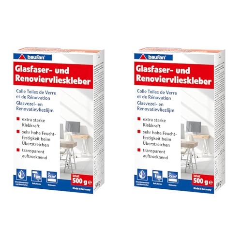 Baufan Glasfaser- und Renoviervlieskleber 500g I Starker Tapetenkleister für schwere Wandbeläge & Raufaser I Ohne Lösungsmittel I Für Rolle & Bürste (Packung mit 2) von Baufan