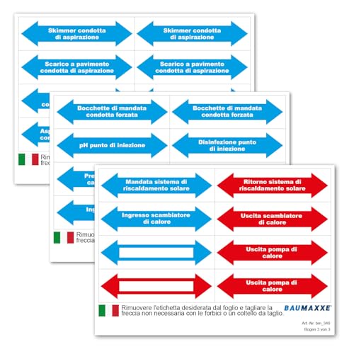Baumaxxe Etiketten zur Rohr-Kennzeichnung für Pool-Verrohrungen I Sprache Italienisch I 24 Aufkleber I 5 x 2 cm I mit Blanko Pfeilen zum Beschriften I Fließrichtung Pfeil-Aufkleber I bm340 Baumaxxe Etiketten zur Rohr-Kennzeichnung für Pool-Verrohrungen I Sprache Italienisch I 24 Aufkleber I 5 x 2 cm I mit Blanko Pfeilen zum Beschriften I Fließrichtung Pfeil-Aufkleber I bm340 von Baumaxxe