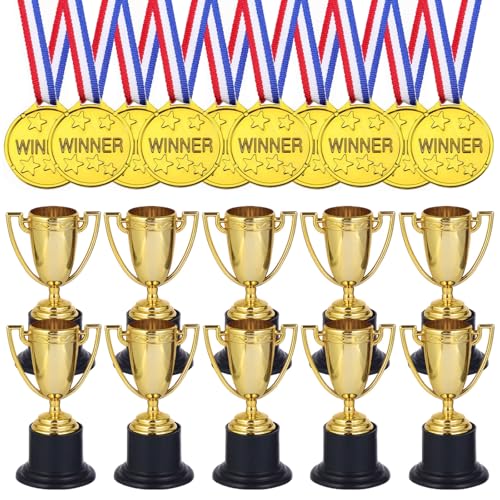 10 Mini Goldene Pokale & 10 Sportfest Goldmedaillen Trophäen für Kindergeburtstag,Medaille für Schulspiele,Fussball,Pokal Klein für Party Favors Mitgebsel beim Wettbewerbe Sportturniere Belohnung von Bavooty