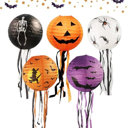Halloween Kürbis Papier Laterne Mit Schnurrhaaren, 5 Papier Laternen Dekoration, Aufhängen, Fledermaus Spinnen Geister Kürbis für Partydekorationen von Bavooty