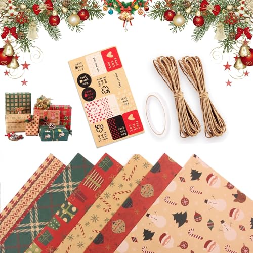 Weihnachten Geschenkpapier,6 Blatt Weihnachten Kraftpapier Geschenkpapier,70x50cm Geschenkverpackung Papier,Christmas Wrapping Paper Set,Mit Aufklebern,Doppelseitigem Klebeband,Seil,für Weihnachtsfeie Weihnachten Geschenkpapier,6 Blatt Weihnachten Kraftpapier Geschenkpapier,70x50cm Geschenkverpackung Papier,Christmas Wrapping Paper Set,Mit Aufklebern,Doppelseitigem Klebeband,Seil,für Weihnachtsfeie von Bavooty