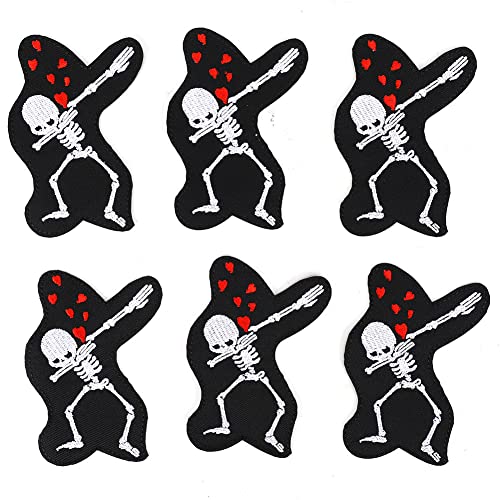 6pcs Schädel Stickereie, Bügeleisen oder Nähen an Applikationen, Skelett -Stoffaufkleber für Jacke, Jeans, Reparatur von Beuteln, Kleidungsdekoration, Stoffhandwerksverzerrung (Piano Playing Skeleton) von Baxnore