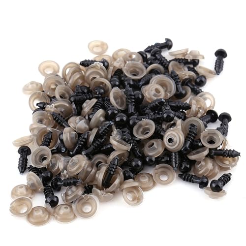 Baxnore 100 pcs Professional Safety Eyes Kit, 6 9 10 12 mm Schwarze Plastikpuppenaugen mit Anti -Slip -Waschmaschinen, Bastelaugen für Teddybär Herstellung (9mm) von Baxnore