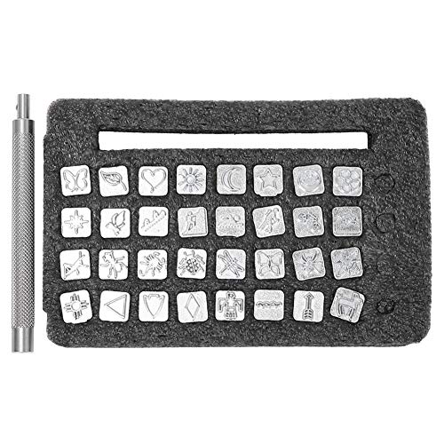 Baxnore 32 PCs Lederhandwerksstempel, Zinklegungs -Präge -Werkzeuge mit 4 -Serie -32 -Mustern, professionelles Stempelsatz für Lederwaren Gepäck, 10 × 10 mm Design von Baxnore