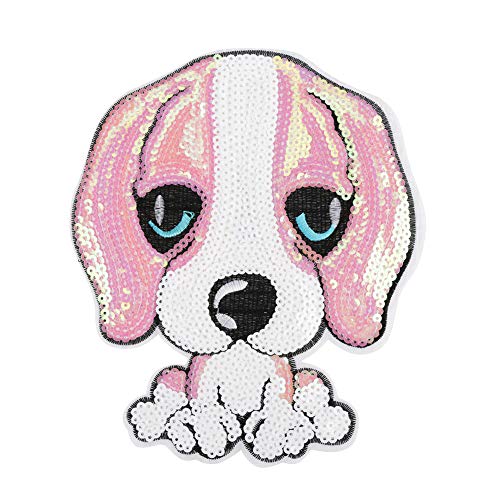 Baxnore Besticktes Tier-Patch-Set, Aufnäher mit Vögeln, Hunden und Federn, Aufbügel-Dekoration für Jacken, Taschen und Accessoires (18 cm Pailletten Big Ear Dog Tuch Patch Pink Pink) von Baxnore