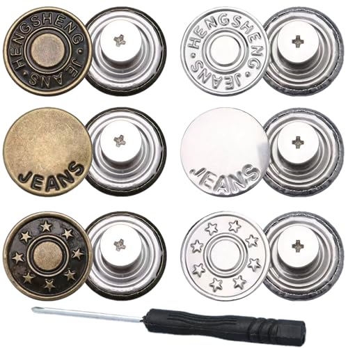 6 Stück Knöpfe für lose Jeans, 17 mm, ohne Nähen, nagellos, abnehmbare Metall-Jeansknöpfe, verstellbare Metall-Hosenknopfspanner, Reparatur-Kombinationsgewinde-Nieten und Schraubendreher 6 Stück Knöpfe für lose Jeans, 17 mm, ohne Nähen, nagellos, abnehmbare Metall-Jeansknöpfe, verstellbare Metall-Hosenknopfspanner, Reparatur-Kombinationsgewinde-Nieten und Schraubendreher von Baxykez
