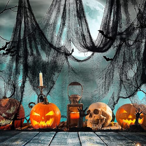 Gruseliges Halloween-Tuch, großer schwarzer Netzstoff, gruselige Dekoration für Fenster und Türen, perfekte Halloween-Dekoration für Partys und Spukhäuser (496 x 99 cm) von BayBerry