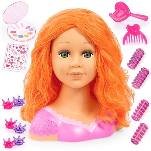 Bayer Design 90088BO Frisierkopf Charlene Super Model, Puppenkopf mit Haarzubehör, Schminke, Haare, 27 cm, rot orange von Bayer Design