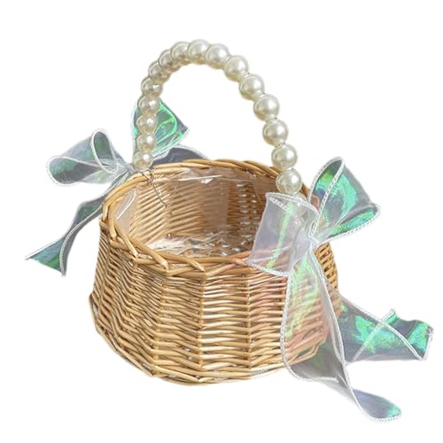 Blumenmädchenkorb für Hochzeit, Weidenkorb mit Perlengriff | Blumenkorb aus Kunstseide mit schöner Schleife mit Perlengriff, Blumenkorb aus Weide und Rattan Blumenmädchenkorb für Hochzeit, Weidenkorb mit Perlengriff | Blumenkorb aus Kunstseide mit schöner Schleife mit Perlengriff, Blumenkorb aus Weide und Rattan von Bbbabeslk