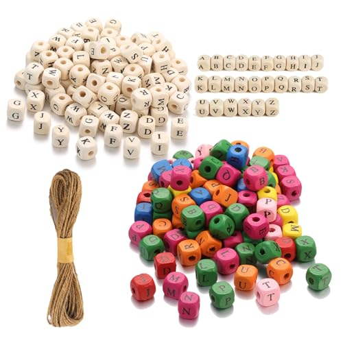 BbiuRer Holzperlen Buchstaben, 300 Stück Holzbuchstaben mit 5 Meter Hanfschnur, Quadratische Buchstabenperlen Holz für DIY Schmuck, Kinderbasteln und Personalisierte Geschenke von BbiuRer