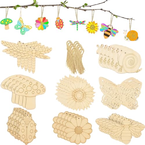 Holzfiguren zum Bemalen, 40 Stück Holztiere mit Schnüren, 8 verschiedene Holzanhänger-Styles zum Basteln & DIY, ideal für Kinderbasteln, Heimdekoration und Party-Deko von BbiuRer