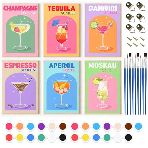 Bcuuozeeing Malen Nach Zahlen Erwachsene 6-teiliges Cocktailglas-Digital-Ölgemälde-Set für Anfänger mit Acrylfarbe und 9 Pinseln, Paint by Numbers Malen Nach Zahlen für Home Decor 20 x 30 cm von Bcuuozeeing