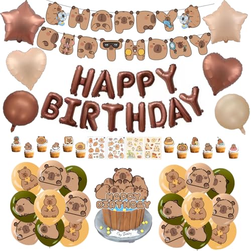 Capybara Geburtstag Deko 55 Stück Capybara Themenparty Zubehör, Capybara Banner, Luftballons, Folienballon, Cupcake Topper, Aufkleber, für Kinder Jungen Mädchen Geburtstagsparty-Zubehör von Bcuuozeeing