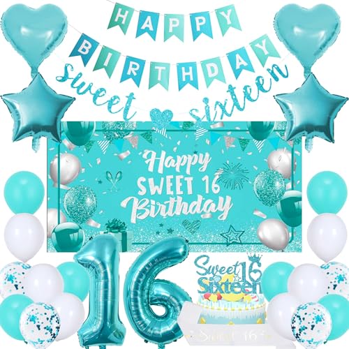 16. Geburtstag Dekorationen für Mädchen – 27 Stück blaugrüne süße 16. Geburtstag Party Dekor Nummer 16 Folienballon Sweet Sixteen Banner Happy Backdrop Star Ballons für 16 Geburtstage Supplies 16. Geburtstag Dekorationen für Mädchen – 27 Stück blaugrüne süße 16. Geburtstag Party Dekor Nummer 16 Folienballon Sweet Sixteen Banner Happy Backdrop Star Ballons für 16 Geburtstage Supplies von Bcxiuso