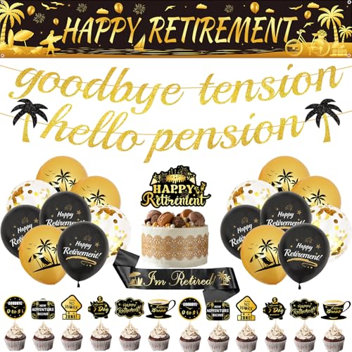 Ballon-Banner-Set für den Ruhestand, 32 Stück, Schwarz / Gold, Happy Retire, Latex-Konfetti-Ballon-Banner, Zugflagge, Kuchenaufsatz, Schultergurte für Damen, Herren, Büro, Abschied, Party, Ballon-Banner-Set für den Ruhestand, 32 Stück, Schwarz / Gold, Happy Retire, Latex-Konfetti-Ballon-Banner, Zugflagge, Kuchenaufsatz, Schultergurte für Damen, Herren, Büro, Abschied, Party, von Bcxiuso