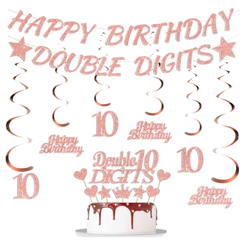Banner-Dekorationsset zum 10. Geburtstag, 15 Stück, rotgoldenes Banner, hängende Wirbel, Kuchenaufsatz, Happy Birthday, doppelstellige Hintergrunddekorationen, Zubehör für 10 Jahre alte Mädchen Banner-Dekorationsset zum 10. Geburtstag, 15 Stück, rotgoldenes Banner, hängende Wirbel, Kuchenaufsatz, Happy Birthday, doppelstellige Hintergrunddekorationen, Zubehör für 10 Jahre alte Mädchen von Bcxiuso