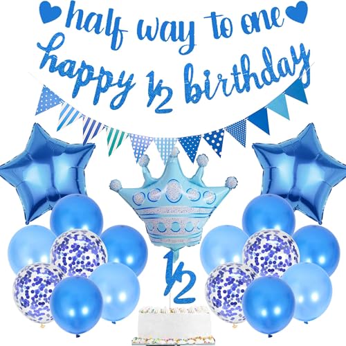 Bcxiuso Half Way to One Dekorationen – 20 Stück blaue halbe Geburtstag Baby Jungen Happy 1/2 Birthday Banner Kuchen Topper Konfetti Ballons für 6 Monate Partyzubehör von Bcxiuso