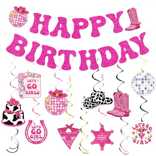 Cowgirl-Geburtstagsparty-Dekorationen, Banner – 26 Stück, rosa Disco-Banner, hängende Wirbel, Luftschlangen, Junggesellinnenabschied, Dekoration, Zubehör für Mädchen, Frauen, Cowgirl-Thema, Happy Cowgirl-Geburtstagsparty-Dekorationen, Banner – 26 Stück, rosa Disco-Banner, hängende Wirbel, Luftschlangen, Junggesellinnenabschied, Dekoration, Zubehör für Mädchen, Frauen, Cowgirl-Thema, Happy von Bcxiuso