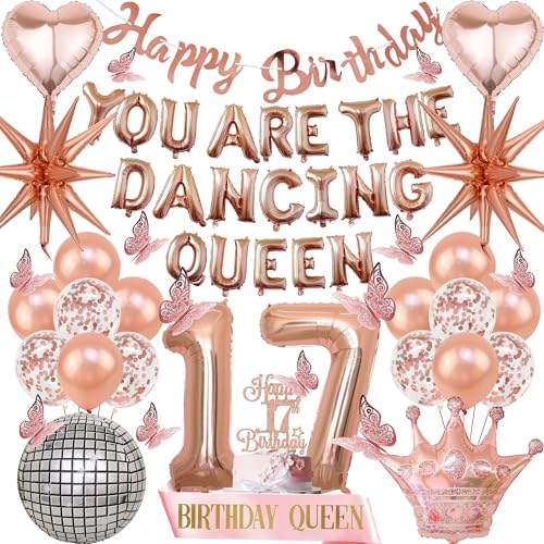 Dekoration zum 17. Geburtstag, Motiv: Tanzende Königin, Rotgold, mit Aufschrift "You Are Thd Dancing Queen", Folienballon, Schulterriemen, Discokugel für Mädchen, Tochter, 70er-, 80er-, Dekoration zum 17. Geburtstag, Motiv: Tanzende Königin, Rotgold, mit Aufschrift "You Are Thd Dancing Queen", Folienballon, Schulterriemen, Discokugel für Mädchen, Tochter, 70er-, 80er-, von Bcxiuso