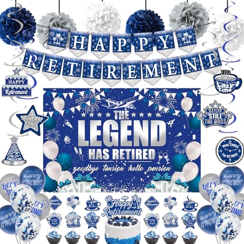 Dekorationen für den Ruhestand, Luftballons, Banner-Set, 39 Stück, Blau / Silber, Happy Retirement, Dekoration, Banner, Ballon, hängende Wirbel, Hintergrund, Stoff, Pompon, Kuchenaufsatz für Damen und Dekorationen für den Ruhestand, Luftballons, Banner-Set, 39 Stück, Blau / Silber, Happy Retirement, Dekoration, Banner, Ballon, hängende Wirbel, Hintergrund, Stoff, Pompon, Kuchenaufsatz für Damen und von Bcxiuso