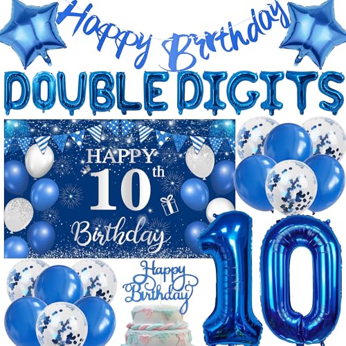 Dekorationen zum 10. Geburtstag, Luftballons, Banner – 31 Stück, blau, doppelstellig, Zahlen, 10. Buchstaben, Sterne, Folienballon, Hintergrund, Stoff, Kuchendekoration, Konfetti-Ballons für Jungen Dekorationen zum 10. Geburtstag, Luftballons, Banner – 31 Stück, blau, doppelstellig, Zahlen, 10. Buchstaben, Sterne, Folienballon, Hintergrund, Stoff, Kuchendekoration, Konfetti-Ballons für Jungen von Bcxiuso
