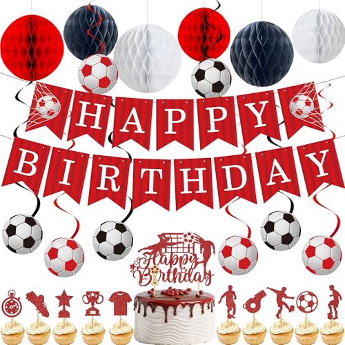 Fußball-Geburtstagsdekoration, Partyzubehör – 26 Stück, rot, Happy Birthday-Banner, Wimpelkette, hängende Fußballwirbel, Kuchendekoration, Wabenbälle für Jungen, Mädchen, Fans, Jahrestag, Feier Fußball-Geburtstagsdekoration, Partyzubehör – 26 Stück, rot, Happy Birthday-Banner, Wimpelkette, hängende Fußballwirbel, Kuchendekoration, Wabenbälle für Jungen, Mädchen, Fans, Jahrestag, Feier von Bcxiuso