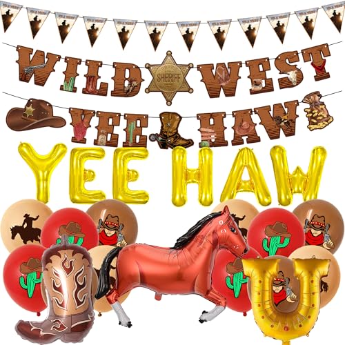 Yee-haw Western-Cowboy-Dekorationsset – 24 Stück Wilder Westen-Party-Dekoration, Dreieck-Banner, Hut, Stiefel, Yee Haw Pferd, Folienballons für Cowboy-Themen, Western-Babyparty, Partyzubehör von Bcxiuso