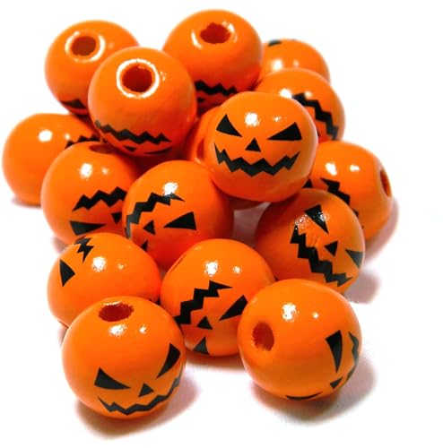 10 große, runde orangefarbene und schwarze Jack O Lantern Holzperlen mit großem 4 mm Loch und gruseligem Kürbisgesicht auf Halloween-Holzperlen 10 große, runde orangefarbene und schwarze Jack O Lantern Holzperlen mit großem 4 mm Loch und gruseligem Kürbisgesicht auf Halloween-Holzperlen von Bdbeads