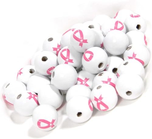 10 große Brustkrebs-Bewusstseins-Holzperlen, 15 mm, weiß mit rosa Schleife 10 große Brustkrebs-Bewusstseins-Holzperlen, 15 mm, weiß mit rosa Schleife von Bdbeads