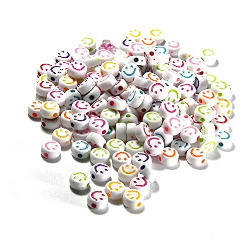 100 Bdbeads Kunststoffperlen, Acryl, klein, 7 mm, rund, gemischt, fröhliches Smiley-Gesicht, Münzperlen (weiß) von Bdbeads