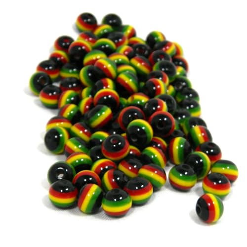 Runde Jamaika-Rastafari-Flagge, Kunstharzperlen, Reggae-Stil, 8 mm, gestreift, Grün, Goldgelb, Rot, 30 Stück von Bdbeads