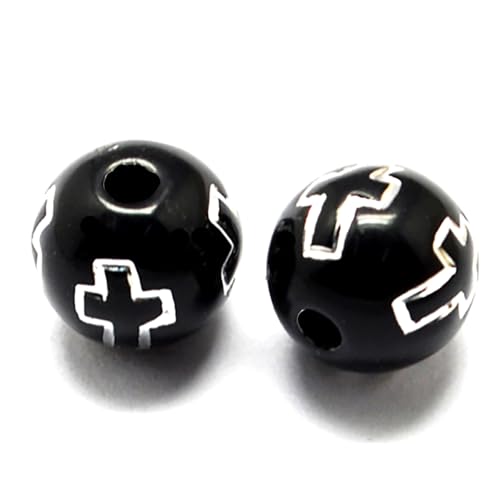 Runde Perlen mit Kreuzgravur, 8 mm, schwarzes Acryl mit silbernen Akzenten, 100 Stück von Bdbeads