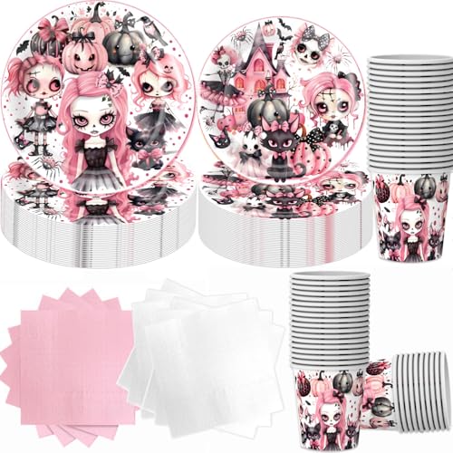 100-Teiliges Halloween Deko Geschirr Set für 25 Gäste, Geburtstag Party Zubehör Dekoration, Rosa Pappteller Mit Becher Servietten von Bdecoll