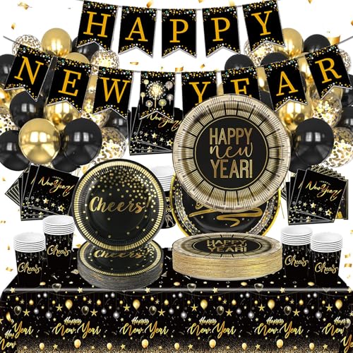 128 Stück Silvester Deko 2026,2026 Neujahr Happy New Year Tischdecke Silvester Pappteller Silvester Servietten, Papier Geschirr Partyzubehör Neujahr Party Dekoration von Bdecoll