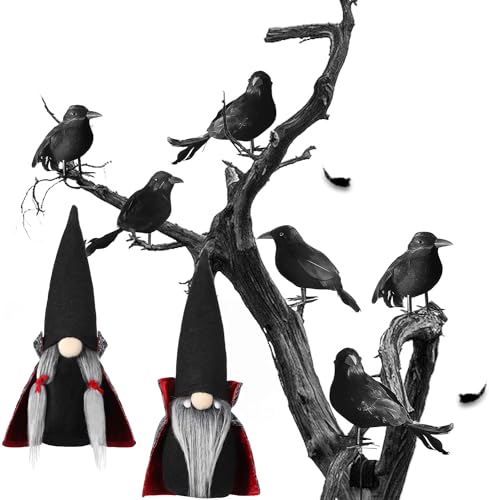 3 Stück Halloween Black Feathered Crows Realistic Halloween Decorations und 2 Stück Halloween GNOME Plush Decor,Handmade Halloween Home Decor von Bdecoll