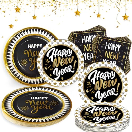 72 Stück Silvester Deko 2026 24 Gästen Frohes Neues Jahr Deko Servietten Partygeschirr, Tischdecke Silvester Pappteller 2026 Servietten Happy New Year (Weiß Gold) von Bdecoll