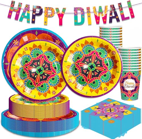 97 teiliges Happy Diwali Tischdekorationen set 24 Gäste Festival of Lights Indian Traditional Festival Geschirr Set für Diwali Deepavali Hochzeit Mehndi (Yellow) von Bdecoll