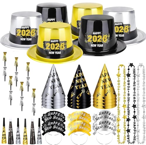 Bdecoll 39Stück Silvester Deko 2026 Kit,Schwarz Gold Silber Neujahr Partyhüte,Neujahr brille für Neujahrdeko 2026 Silvester Party Accessoire von Bdecoll