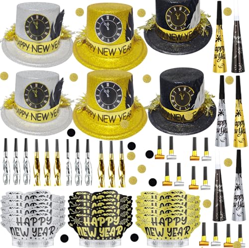 Bdecoll 48 Stück Silvester Deko 2025 Party Set, Glitzer Schwarz Gold Silber Neujahr Partyhüte, Squawkers, Partytröten, Haarreifen für Neujahrdeko Party Accessoire Bdecoll 48 Stück Silvester Deko 2025 Party Set, Glitzer Schwarz Gold Silber Neujahr Partyhüte, Squawkers, Partytröten, Haarreifen für Neujahrdeko Party Accessoire von Bdecoll